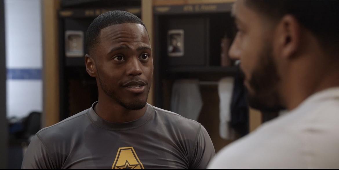 Tash Jordan as Amir Jefferson in a locker-room scene from All American